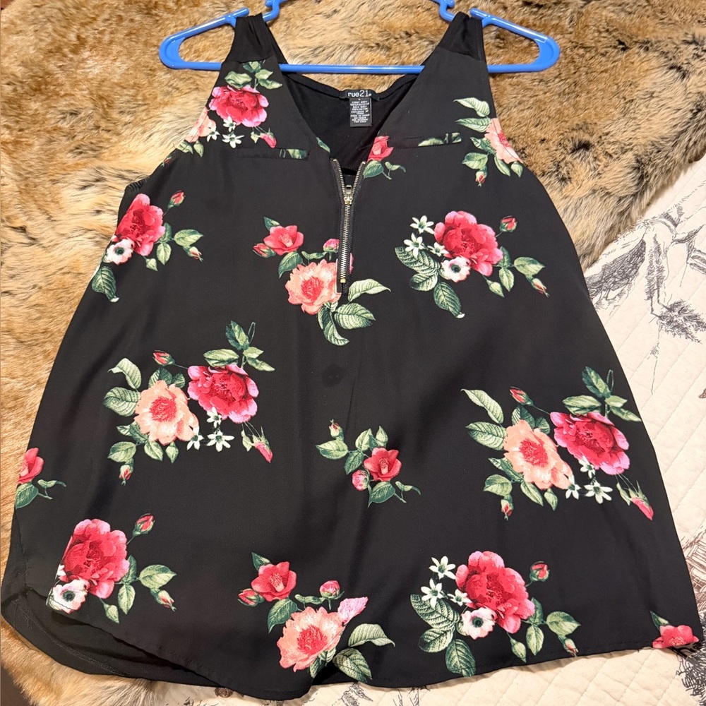 Rue21 Black Floral Zip-Front Camisole - Pink & Green